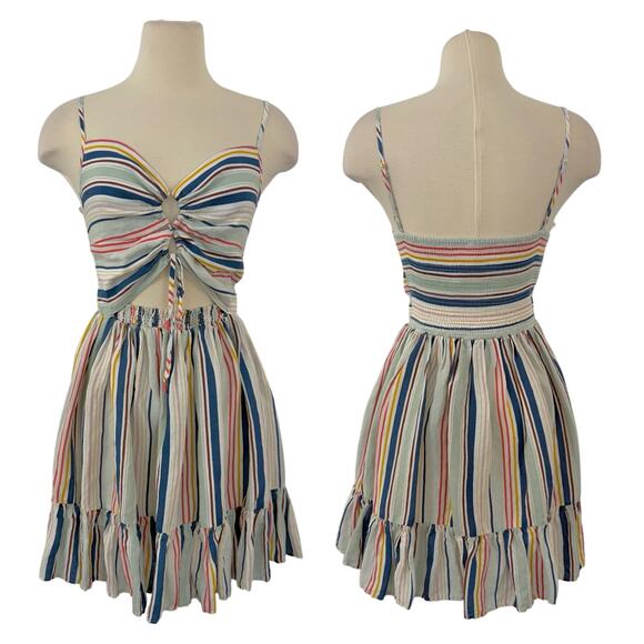 Anthropologie Linen Striped Mini Dress Cut-Out Front Smocked Back S - Picture 1 of 12